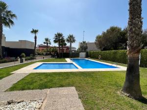 a swimming pool in a yard with a palm tree at Luxury corner villa 3BR COSTA BLANCA in Alicante