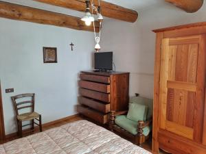 een slaapkamer met een bed, een tv en een stoel bij Tabia Maredane in Falcade