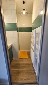 a bathroom with green and white tiles and a hallway at Studio avec jardin et parking 04 in Villenave-dʼOrnon +5 photos