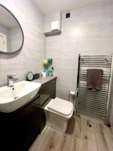 W łazience znajduje się umywalka, toaleta i lustro. w obiekcie Wickersley Village 2 Bed Apartment South Yorkshire 