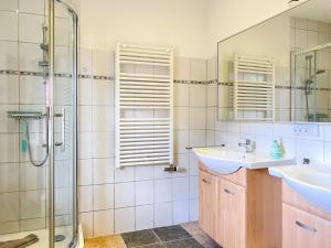 a bathroom with a shower and a sink and a mirror at Weststrandläufer in Wieck