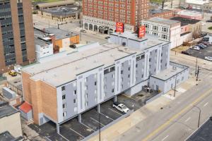 an aerial view of a building in a city at Econo Lodge Inn & Suites in Waterloo