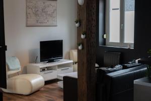 a living room with a couch and a television at Le petit boulanger, grand 70 m2, garage disponible in Mulhouse