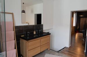 a bathroom with a sink and a mirror at Le petit boulanger, grand 70 m2, garage disponible in Mulhouse +30 photos