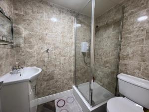 ロンドンにあるComfy Apartments - Finchley Roadのバスルーム(シャワー、トイレ、シンク付)