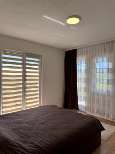 a bedroom with a large bed and two windows at Villa Arisi in Pristina
