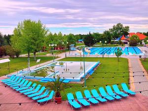 an empty swimming pool with blue chairs in a park at Ceglédi Apartmanpark & Kemping in Cegléd +33 photos