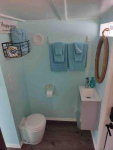 y baño con aseo, lavabo y toallas. en Seaside Escape A Cozy Houseboat en Merritt Island