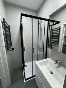 a bathroom with a shower and a white sink at Cathedral Park Modern studio in Chişinău +11 photos