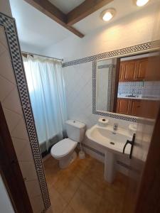 a bathroom with a toilet and a sink and a mirror at Apartamentos Aldeas de Taray V.v. in La Manga del Mar Menor