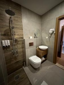 un bagno con wc, lavandino e doccia di Hotel Homey Kobuleti a Kobuleti