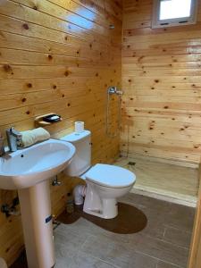 baño de madera con aseo y lavamanos en Charmant Chalet calme et moderne en Dar Mohammed Ould Haj Jilali