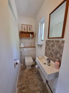 uma casa de banho com um lavatório e um WC em Glyndwr Vineyard em Cowbridge