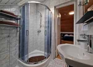 a bathroom with a shower and a sink and a tub at Dom Gościnny Dżafar Pogorzelica in Pogorzelica