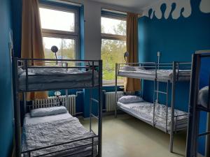 2 Etagenbetten in einem blauen Zimmer mit Fenster in der Unterkunft instantSleep Backpackerhostel St Pauli in Hamburg