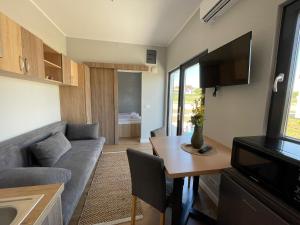 Una sala de estar con un sofá, una mesa y un televisor. en Review Resort&Spa, en Vadu Crişului