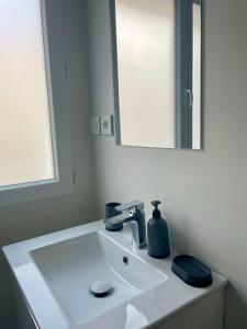 a white bathroom with a sink and a mirror at Appartement cosy proche gare Angers in Angers +2 photos