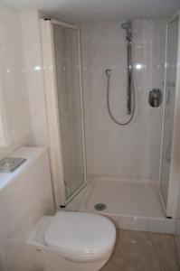 y baño blanco con ducha y aseo. en Ferienhaus bei Juste, en Schotten