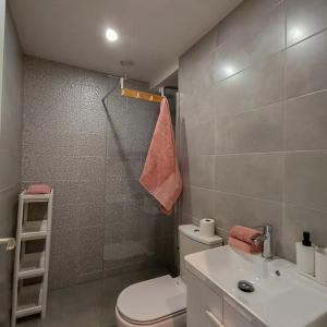 a bathroom with a toilet and a sink and a shower at Appartement proche du centre in Mulhouse