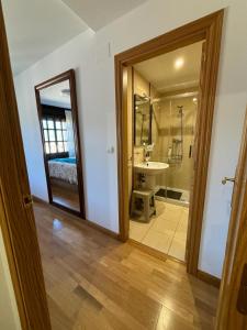 bagno con servizi igienici, lavandino e specchio di Apartamento Mirador del Pantano 1 a Vinuesa