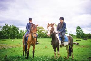 two people riding on horses in a field at Loughrea Hotel & Spa in Loughrea