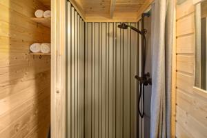 prysznic w drewnianej kabinie z drzwiami w obiekcie Tiny House - Tinyinn No1 w mieście Ulrichstein