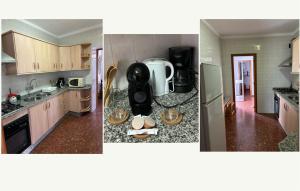dos fotos de una cocina con encimera en Casa la Torre, en Zahara de la Sierra
