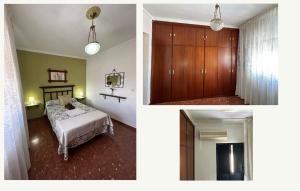 2 fotos de un dormitorio con cama y armario en Casa la Torre, en Zahara de la Sierra