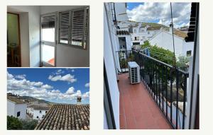 2 fotos de un balcón con vistas a un edificio en Casa la Torre, en Zahara de la Sierra