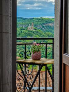 une plante en pot assise sur une table sur un balcon dans l'établissement Family Hotel "Slavianska dusha", à Veliko Tarnovo