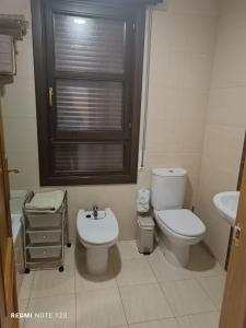 ein Bad mit einem WC, einem Waschbecken und einem Fenster in der Unterkunft Apartamento Mirador del Pantano2 in Vinuesa
