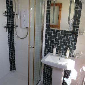 ein Bad mit einem Waschbecken und einer Dusche in der Unterkunft Mizen View in Goleen