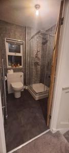 a bathroom with a shower and a toilet at 3 Bed Home in Heart of Cardiff in Cardiff