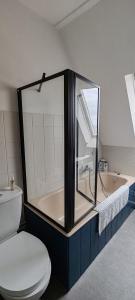 a bathroom with a tub and a toilet and a bath tub at Cocon sous les toits - vue sur les châteaux et le vignoble - proche centre ville - parking gratuit in Sélestat +10 photos