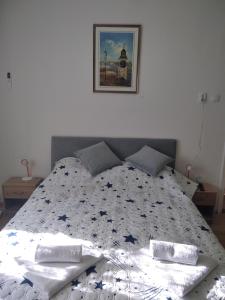 una camera da letto con un letto con un piumone di Jelka a Sremski Karlovci