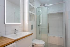 a bathroom with a shower and a sink and a toilet at Apartament Sztutowo by Ski and Sea in Sztutowo