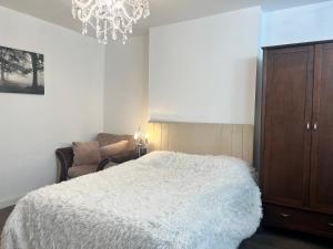um quarto com uma cama, uma cadeira e um lustre em Spacious front bedroom - near The Level - 2 dogs live at the property em Brighton & Hove