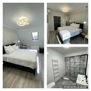 two pictures of a bedroom with a bed and a room with a fireplace at Glam Studios in Sibiu