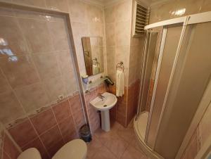 uma casa de banho com um chuveiro, um lavatório e um WC. em Tac Pansiyon em Edirne