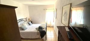 une chambre avec un chat noir debout sur un lit dans l'établissement La Casa dei Ricordi Centro Storico E Vista, à Pitigliano