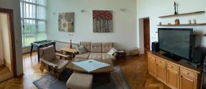 a living room with a couch and a flat screen tv at Guesthouse Vionica in Međugorje