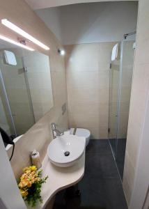 een badkamer met een wastafel, een douche en een toilet bij Casa do Chafariz - Rooms in Cercal
