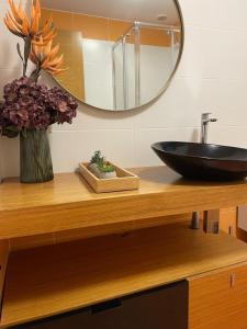 een badkamerbar met een wastafel en een spiegel bij Costa Reinante Foro in Barreiros