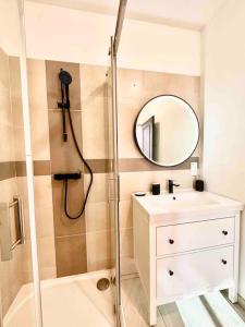 ein Bad mit einer Dusche, einem Waschbecken und einem Spiegel in der Unterkunft Élégance Lauragaise * Wifi * Netflix * Terrasse in Villefranche-de-Lauragais