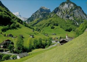un villaggio in una valle verde con montagne di Alpenperle a Isenthal