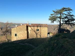um edifício de tijolos numa colina com uma árvore em Monte Cuccolo House B&B em Fontanelice