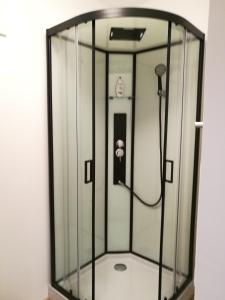 a shower with a hose in a room at Dorf-Zimmer Mirth in Eltendorf
