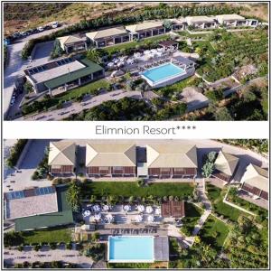 two pictures of a mansion with a swimming pool at Elimnion Resort in Khrónia