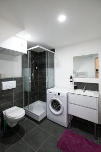 y baño con lavadora y aseo. en Casa Azul - Belle maisonnette colorée - Garibaldi, en Lyon