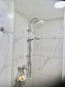 een douche in een badkamer met witte marmeren muren bij Apartments Ines - cozy studio in Zagreb